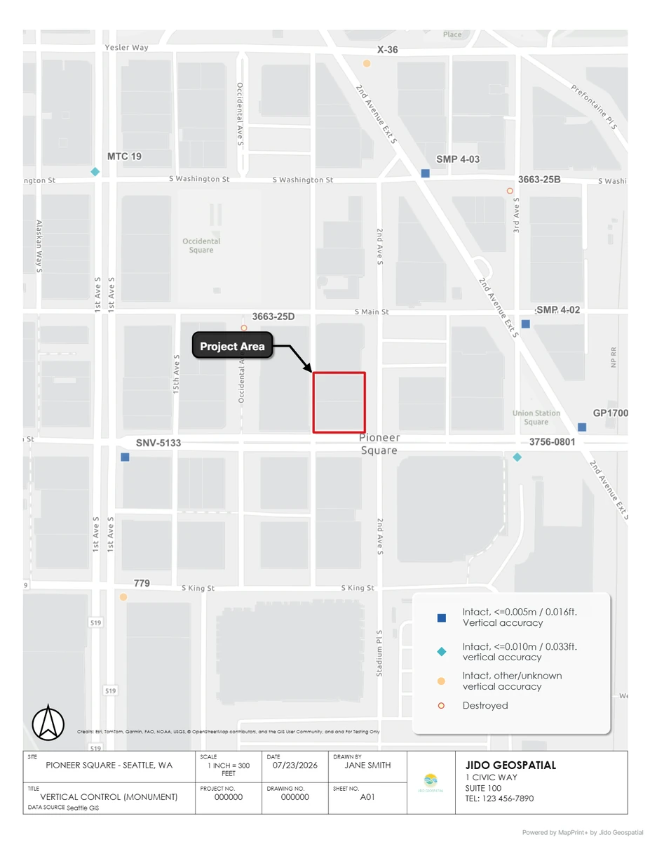 Engineering site map with aerial basemap, project boundary, legend, north arrow, and structured title block