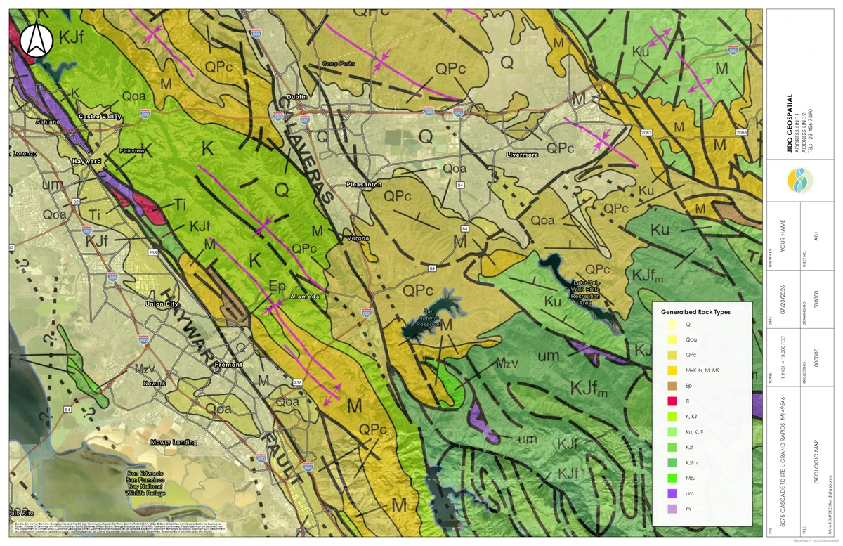 Geologic map exhibit with an engineering-style side panel, legend, title, and map details