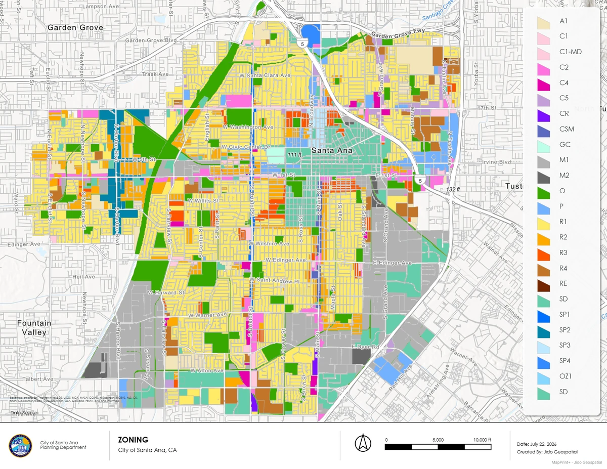 Santa Ana zoning map with colored zoning districts, street context, title, and legend