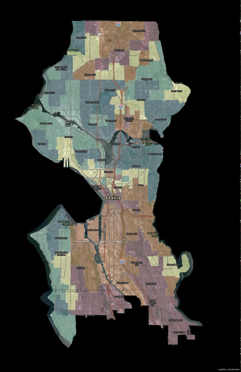 Portrait Seattle-area clipped map highlighting a defined boundary with muted surrounding context