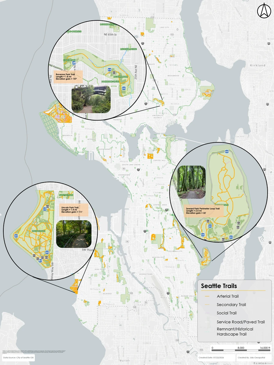 Portrait Seattle trails map with terrain basemap, highlighted routes, legend, and title