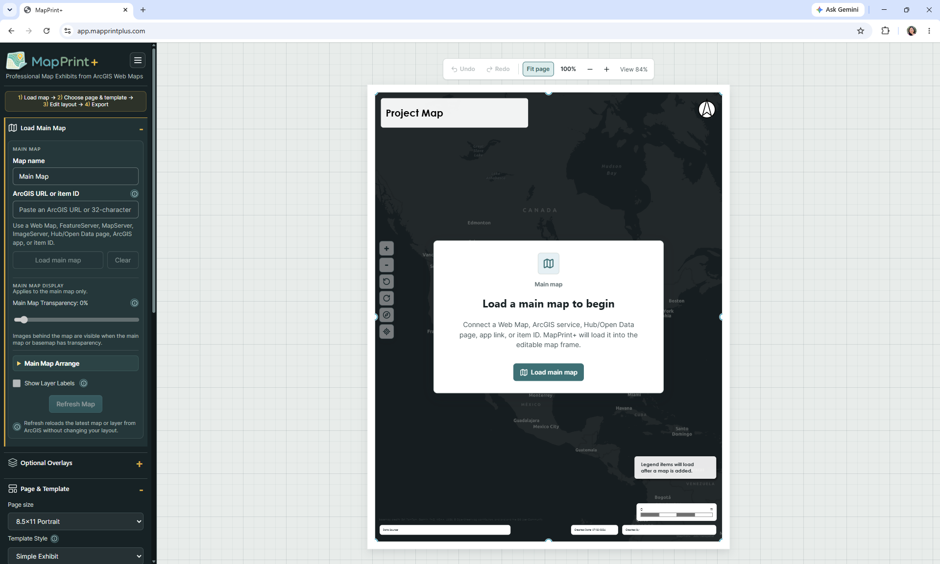 MapPrint+ workspace showing the map layout canvas and editing controls